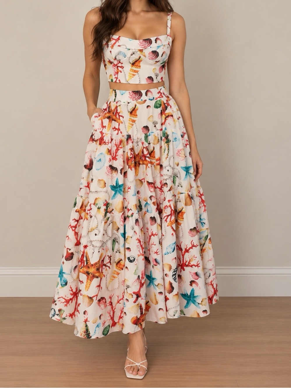 Commense White Maxi Two-Piece Dress with Multicolor Sea Shell Print